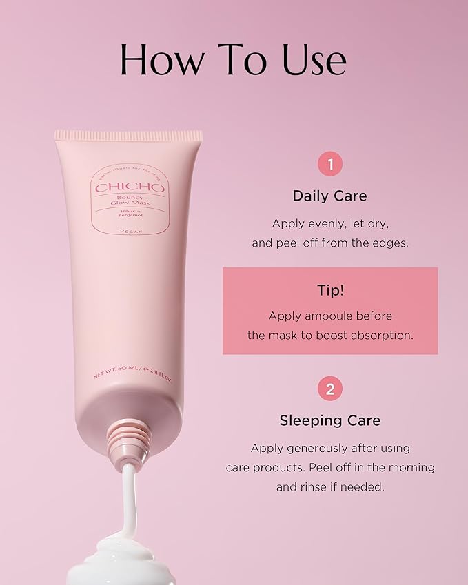 CHICHO Bouncy Glow Mask 300Da Ultramolecular Hibiscus Collagen - Korean Face Peel Off Mask Skin Elasticity Radiant Glow Hydrating Sensitive Skin - Vegan, Hypoallergenic, 2.03 fl.oz.