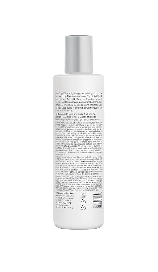Pharmagel Hydro2 Xy 10 Lifting and Firming Concentrate Moisturizer | AHA and BHA Facial and Body Lotion | Rapid Absorption with Stabilized Oxygen - 8.5 fl. oz.