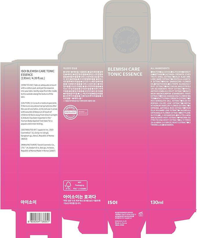 ISOI Blemish Care Toner, Skin-Smoothing Essence & Hydrating Toner for Face, for Sensitive Skin, Lightweight & Refreshing Formula, Korean Skin Care (4.39 fl.oz/130ml)