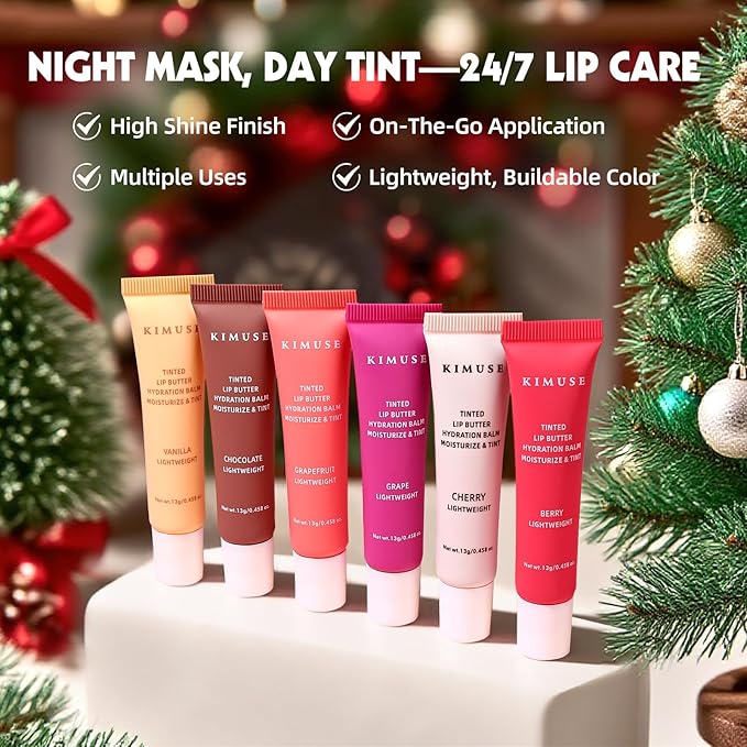 KIMUSE 6 Pcs Tinted Lip Butter Hydration Balm Set, 6 Flavored Shades Hydrating Plumping Gloss with Hyaluronic Acid & Vitamin E, Sheer Tint, Non-Sticky | Vegan Lip Care Makeup for Dry Lips & Daily