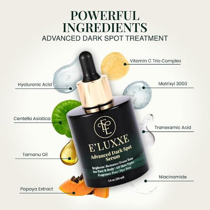 E'Luxxe Advanced Dark Spot Serum – Triple Vitamin C, Tranexamic Acid & Niacinamide with Papaya & Cica - Hyperpigmentation & Dark Scar Treatment for Face & Body, Non-Comedogenic, Fragrance-Free (50ml)
