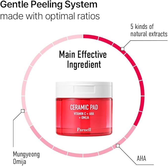 Parnell AHA 9.12% Omija Ceramic Peeling Pads (60 Count) | Gentle Daily Exfoliating Toner Pad with LHA PHA Vitamin C | Smooth Glowing Korean Skin Care