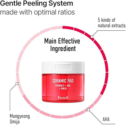 Parnell AHA 9.12% Omija Ceramic Peeling Pads (60 Count) | Gentle Daily Exfoliating Toner Pad with LHA PHA Vitamin C | Smooth Glowing Korean Skin Care