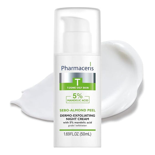 Pharmaceris Exfoliating Night Cream 5% Mandelic Acid - Gently Exfoliates, Face Cream, AHA Helps Refine Pores, Reduce Sebum & Post-Acne Marks, for Oily & Combination Skin, SEBO-ALMOND PEEL, 1.69 fl oz
