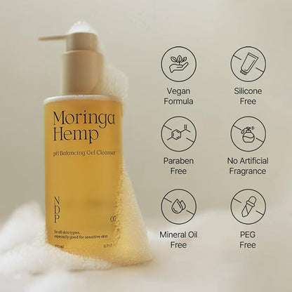 NDP Moringa Hemp Gel Cleanser, Gel-to-Foam, pH Balancing, Vegan, Non-Stripping, Hydrating Face Wash for Sensitive Skin – Fragrance-Free, Clean Beauty, Korean Skincare, 200ml / 6.76 fl oz