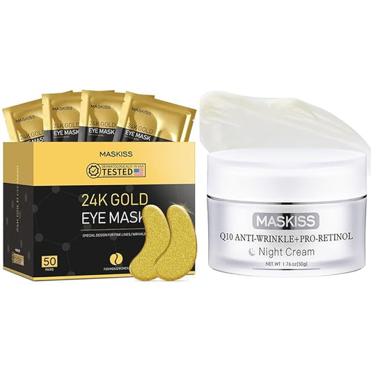 24K Gold Under Eye Patches (50 Pairs) & Q10 Anti-Wrinkle Night Cream, Pro-Retinol Neck Moisturizer for Firming, Hydrating & Anti-Aging Skincare