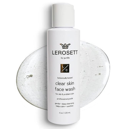 LEROSETT® Clear Skin Face Wash – Gentle Gel Cleanser with 60% Aloe-Rich Botanicals, 4% Glycolic Acid & Vit-E Microbeads – Fights Breakouts, Unclogs Pores, Balances Oil – Spa-Grade, Vegan – 4oz