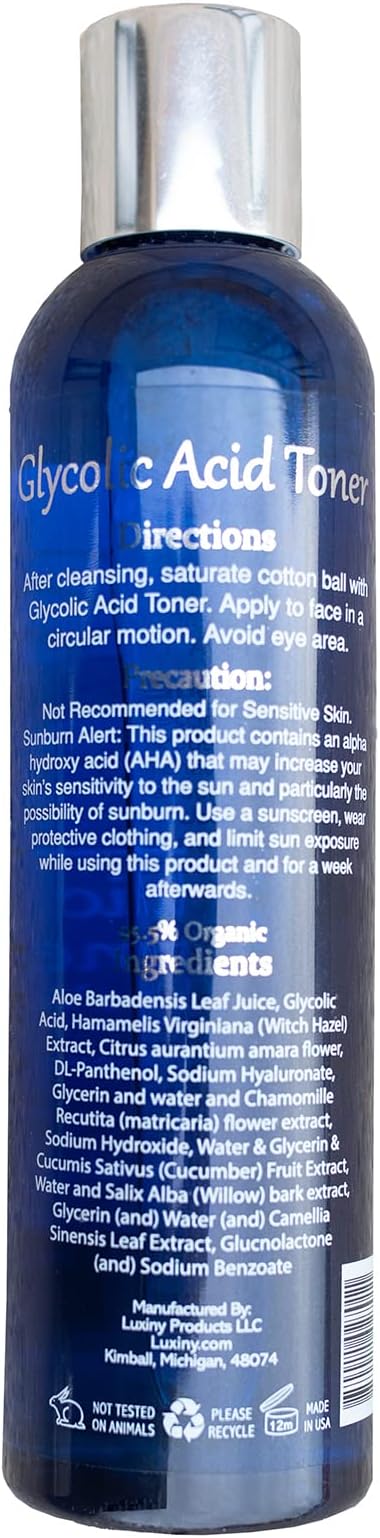 Glycolic Acid Toner an AHA BHA Facial Toner (8 oz) with Organic Alcohol Free Witch Hazel Hydrating Acne Toner, Pore Minimizer, Skin Exfoliator, Face Moisturizer for Acne Prone, Sensitive and Oily Skin