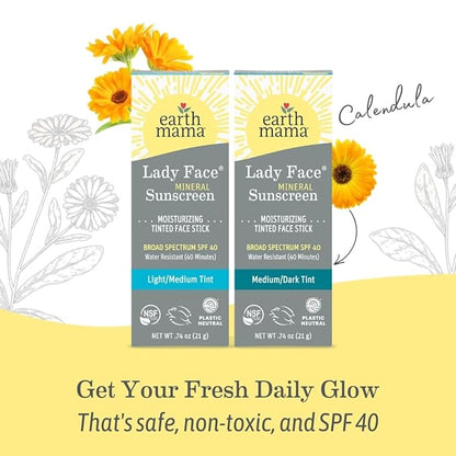 Earth Mama Lady Face® Tinted Mineral Sunscreen Stick SPF 40 Set |Contains Certified Organic Shea and Coca Butter | Foundation + Concealer + Contour, Blends with Most Skin Tones, 2-Pack