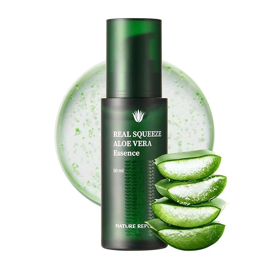 Nature Republic Real Squeeze Aloe Vera Essence -Hydrating Moisturizer & Glow for Face Fast-Absorbing, Non-Sticky After Sun & Aftershave Korean beauty Care for all Skin types Vegan 50ml / 1.69 Fl Oz