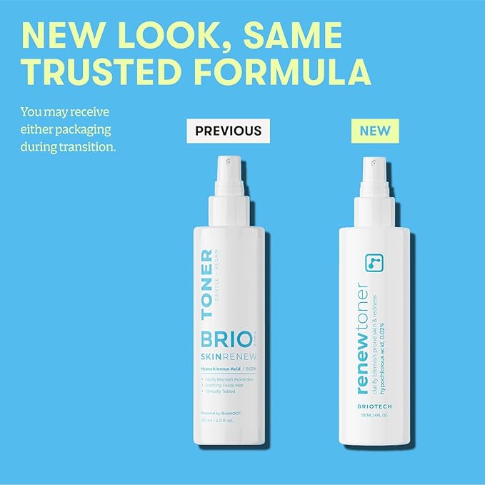 BRIOTECH Renew Toner, Hypochlorous Acid Spray, Minimize Appearance of Blemishes, Soothing Facial Mist for Sensitive Skin, Calm Redness & Bumps, Vegan, 4 fl oz (2 Pack)
