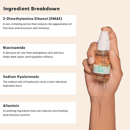 Stratia Rewind Firming & Hydrating Serum with Hyaluronic Acid & Niacinamide - Moisturizes & Evens Skin Tone with DMAE for Smooth, Plump Skin, 1.3 Fl Oz