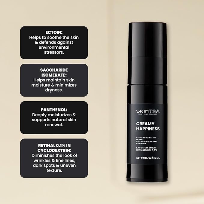 Creamy Happiness - Advanced Retinal Emulsion 0.1% Encapsulated for Stability - Smoothes & Firms – Deep Hydration – 30 ml/Net 1.01 Fl. Oz