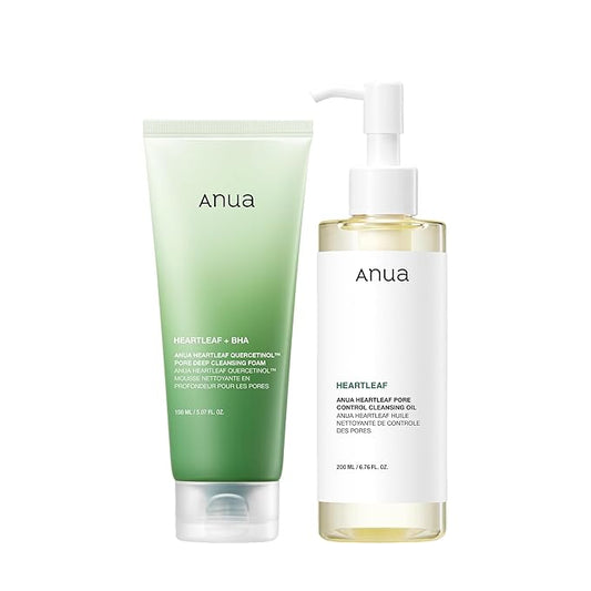 Anua Double Cleanser Duo for Facial Cleansing : Heartleaf Pore Control Cleansing Oil & Heartleaf Quercetinol Pore Deep Cleansing Foam for Double Cleansing, Korean Skincare