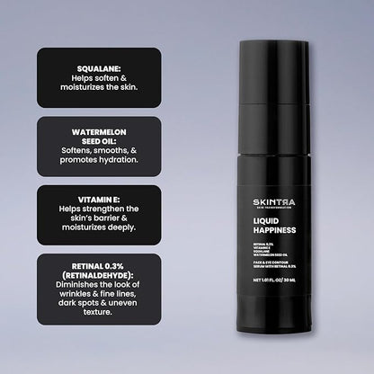 Liquid Happiness Anti Aging 0.3% Retinaldehyde Serum for Face & Eyes - Retinal Discoloration Correcting Serum with Fast Absorbing Squalane - Boosts Firmness - Vegan, 30 ml/Net 1.01 Fl. Oz