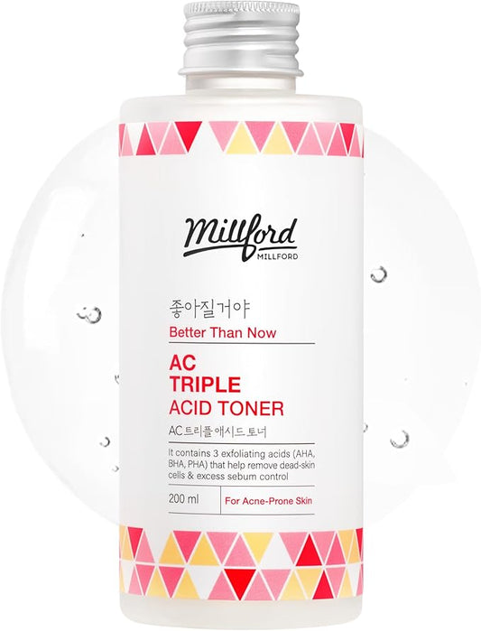 AC Triple Acid Toner 6.76 oz/200 ml – AHA/BHA/PHA Exfoliating & Hydrating Facial Toner with Salicylic Acid & Glycolic Acid for Oily Skin, Pore Cleaning, Acne & Sebum Control, Korean Skincare