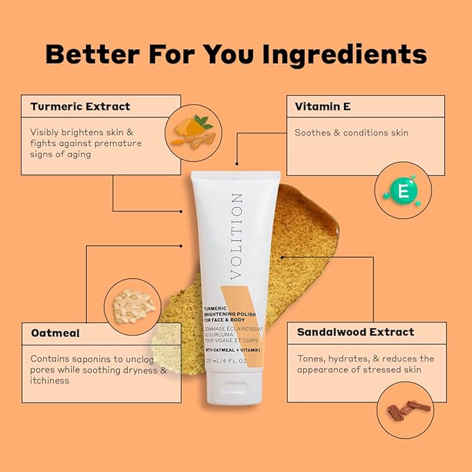 Volition Beauty Turmeric Brightening Polish with Oatmeal + Vitamin E | Physical Scrub to Exfoliate Face & Body | Removes Dead Skin, Smooths, Boosts Luminosity & Glow | Non-Stain Formula (4 fl oz)