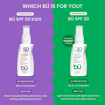 BU SPF 50 Kids Sunscreen Spray for Face and Body, Non Aerosol Spray, Fragrance Free, Clear, Non Greasy, Water Resistant, Fragrance Free 1 oz (3 Pack)