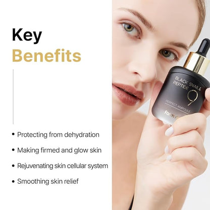 Farmstay Black Snail & Peptide9 Perfect Ampoule, Korean Snail Mucin Serum for Elastic & Glow Skin, Boosting Radiance & Repairing Skin Barrier Serum, for Women & Men, Korean Skin Care, 1.18 Fl. Oz.