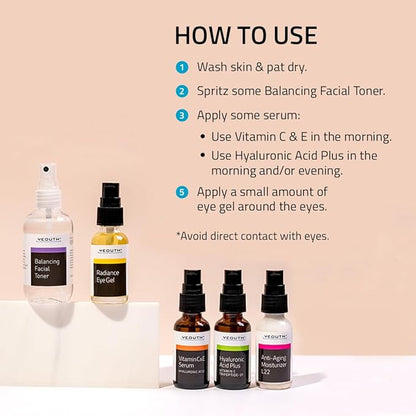 YEOUTH Skin Care Set: Hyaluronic Acid Serum for Face, Vitamin C Serum, Facial Toner, Under Eye Gel, Face Cream, Skin Care Kit for Women & Men 5-Piece