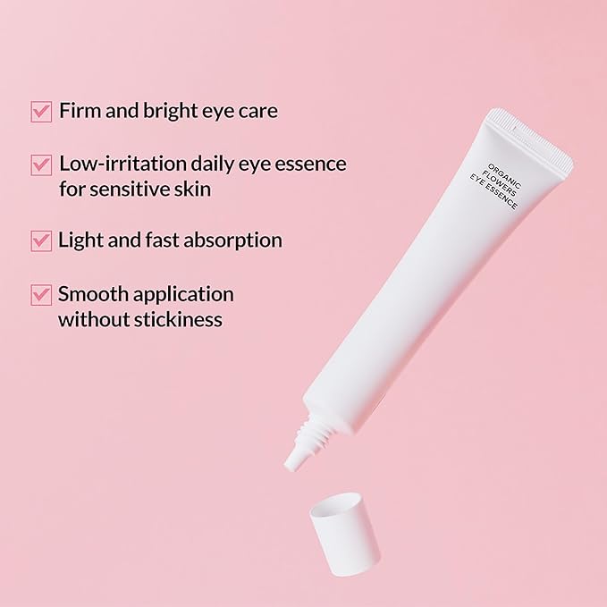 Whamisa Organic Flowers Eye Essence, Waterless Formula, Fermented Postbiotics for Gentle Care, Under Brightener, Hydration, Elasticity & Slow-Aging Support (30ml)