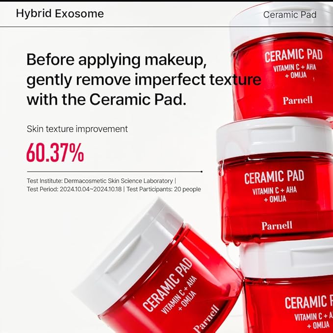 Parnell AHA 9.12% Omija Ceramic Peeling Pads (60 Count) | Gentle Daily Exfoliating Toner Pad with LHA PHA Vitamin C | Smooth Glowing Korean Skin Care