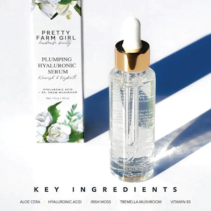 Pretty Farm Girl Hyaluronic Plumping Serum with Vitamin B5 and Snow Mushroom – Lightweight Hydrating Face Serum for Daily Skincare Routine – All Skin Types - 1 oz