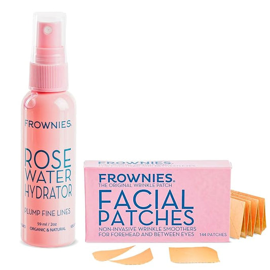 Frownies Forehead and Between The Eyes Wrinkle Patches & Rose Water Hydrator Combo - Overnight Facial Wrinkle Patches and Rose Water Spray for Face - for All Ages and Skin Types, 2oz, 144 Patches