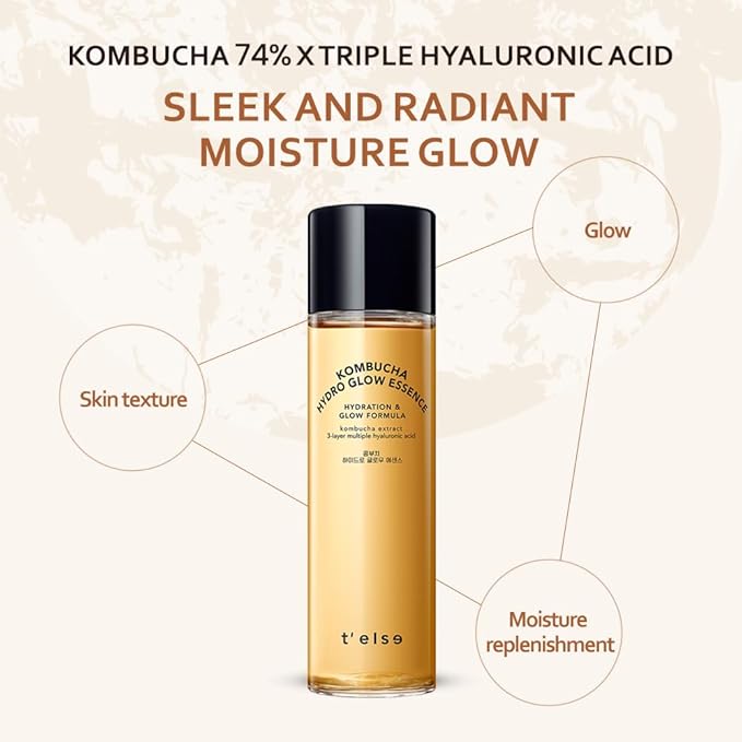 T'else Kombucha Hydro Glow Essence 5.07 fl.oz., Enriched with kombucha and triple hyaluronic acid, Radiant moisturizing essence for smooth and healthy dewy glowing skin, All Skin Type, Korean Skincare