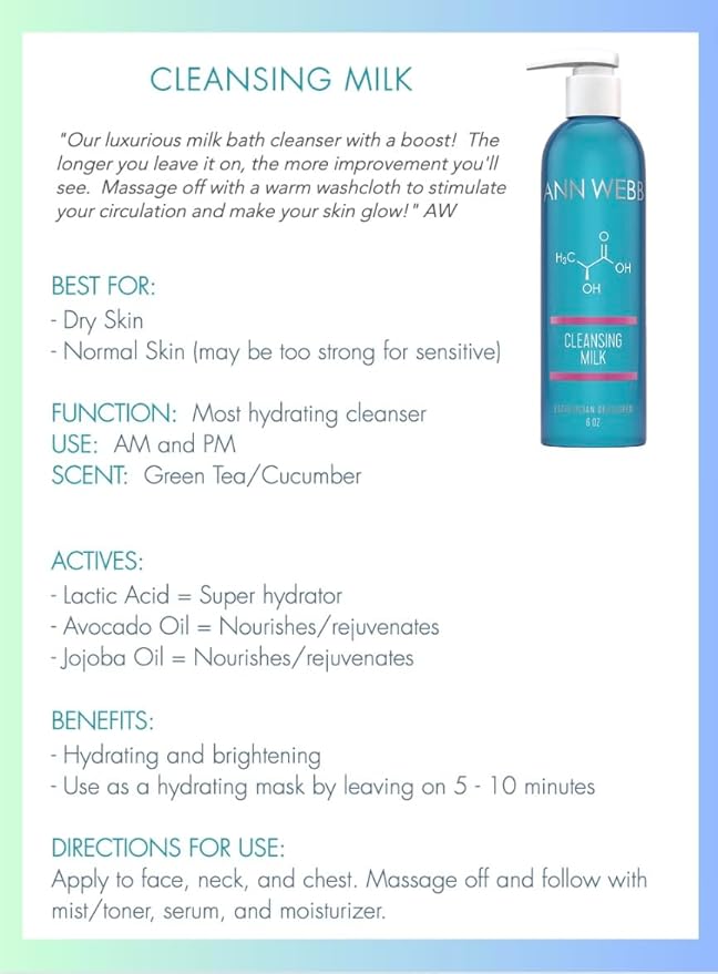 Facial Milk Cleanser - Gentle Daily Face Wash for All Skin Types. Thick, Hydrating, Moisturizing Cleanser w/Lactic Acid AHA Nourish & Rejuvenate 6oz