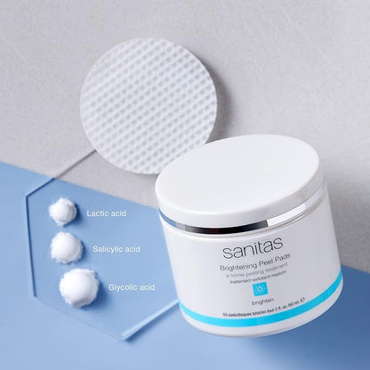 Sanitas Skincare Brightening Peel Pads, Home Peeling Treatment With Lactic, Glycolic, and Salicylic Acids, Exfoliating Treatment, 50 Pads / 2 Ounces