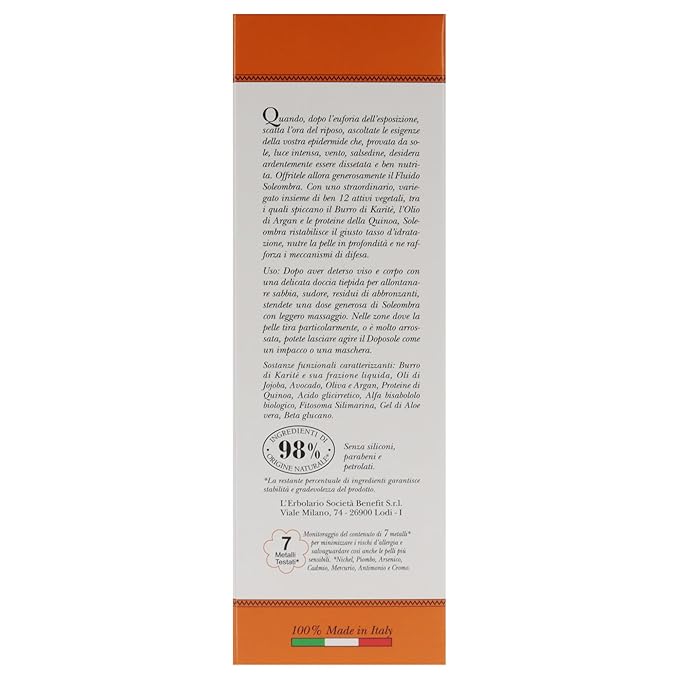 L'Erbolario Soleombra Silky After-Sun Fluid - After Sun Lotion with Aloe Vera Gel for Deep Hydration - Summer Essentials with Shea Butter - 6.7 oz