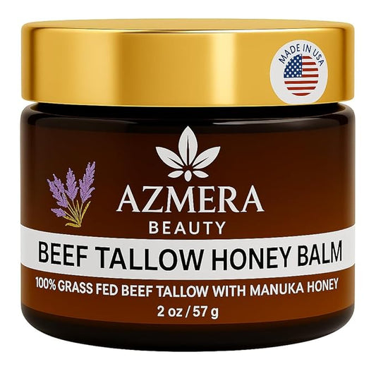 Azmera Beauty100% Grass-Fed Beef Tallow Balm, Manuka Honey MGO 263+, Organic Beeswax & Olive Oil, Beef Tallow for skin,Handmade Moisturizer for Dry Skin, Eczema Relief, & Healing Skin(2oz, Lavender)