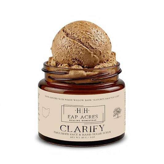 Emulsified Face Sugar Scrub, Organic squalane oil/Castor oil: Chamomile & White Willow Bark, Rhassoul Clay, Kokum Butter, Manuka Honey-Gentle exfoliant: Dry/Sensitive/Acne-Prone (CLARIFY)