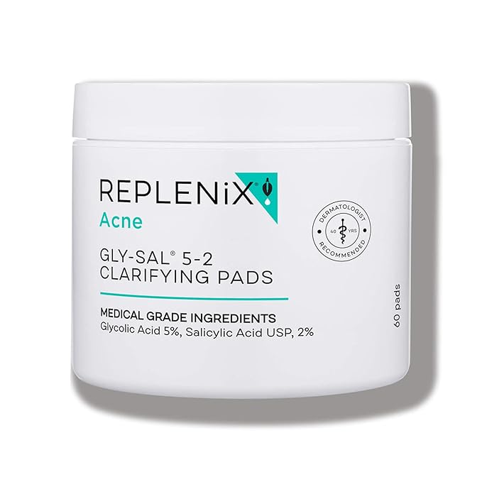 Replenix Gly-Sal Clarifying Acne Pads, 60 Count, Medical-Grade Glycolic Acid & 2% Salicylic Acid Exfoliating Pads for Acne-Prone Skin, Help Clear Blemishes & Refine Pores, Non-Oily