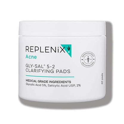 Replenix Gly-Sal Clarifying Acne Pads, 60 Count, Medical-Grade Glycolic Acid & 2% Salicylic Acid Exfoliating Pads for Acne-Prone Skin, Help Clear Blemishes & Refine Pores, Non-Oily