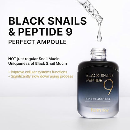 Farmstay Black Snail & Peptide9 Perfect Ampoule, Korean Snail Mucin Serum for Elastic & Glow Skin, Boosting Radiance & Repairing Skin Barrier Serum, for Women & Men, Korean Skin Care, 1.18 Fl. Oz.