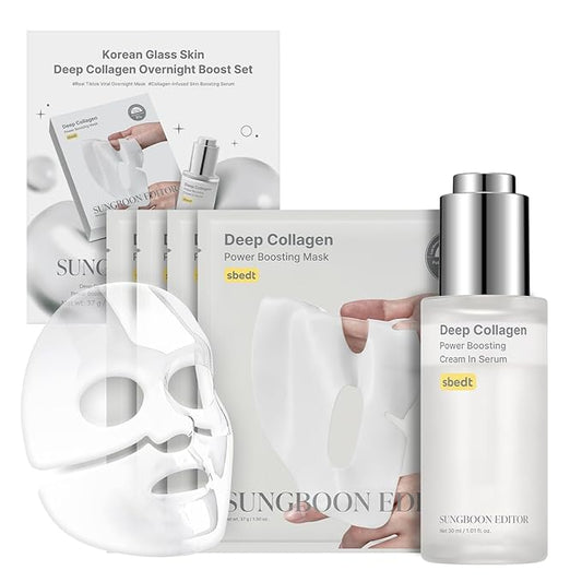 SUNGBOON EDITOR Deep Collagen Boost Set | Face Mask (4ea) & Serum | Glass Skin & Firming Care Kit | 2.16M ppb Collagen + Volufiline | Stocking Stuffers, Gifts for Women | Korean Skincare