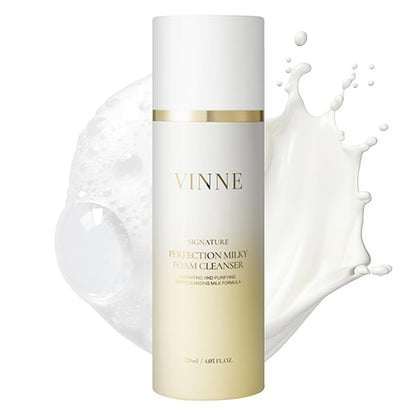 VINNE Signature Milky Foam Cleanser – 3-Step Milk-Oil-Foam Korean Facial Cleanser w/LHA+PHA & 17 Active Ingredients – Oil & Water-Based Dual-Action Face Wash (4.05 fl. oz)