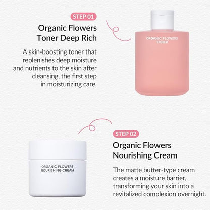 Whamisa Organic Flowers Nourishing Cream, 95.2% Organic, Waterless Formula, Fermented Postbiotic for Deep Hydration & Soothing, Moisturizing (50ml)