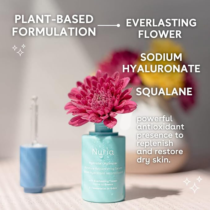 Nuria - Hydrate Moisture Replenishing Serum, Antioxidant Serum for All Skin Types, Skin Care Serum with Everlasting Flower Extract and Squalane Oil for Face, 25mL/0.8 fl oz