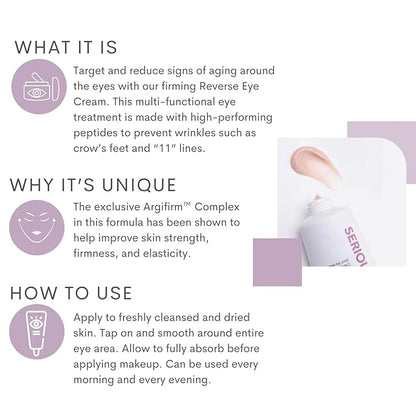 Serious Skincare Reverse Lift Tightening Eye Cream with Peptides, Hydrating Anti-Aging, Temporarily Lift Eyelids, Eyebrow, Under Eye Skin Firming Wrinkle Formula, Women, Men,1 Fl. Oz.