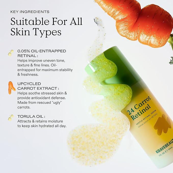 KraveBeauty 24 Carrot Retinal - 30ml, Korean Skincare-Inspired Gentle Retinal Serum, Smooths Skin Texture, Supports Skin Barrier, Lightweight Non-Sticky Gel, Nourishes with Upcycled Carrot Extract