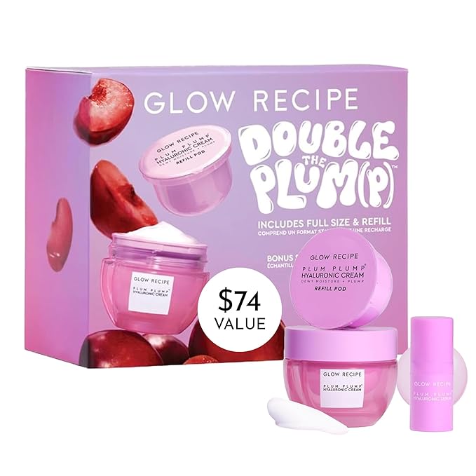 Glow Recipe Double the Plump Korean Skin Care Gift Set - Hyaluronic Acid Whipped Gel Face Cream, Moisturizer Refill Pod + Travel Size Plum Plump Serum for Hydrating Dry Skin (3 Count)