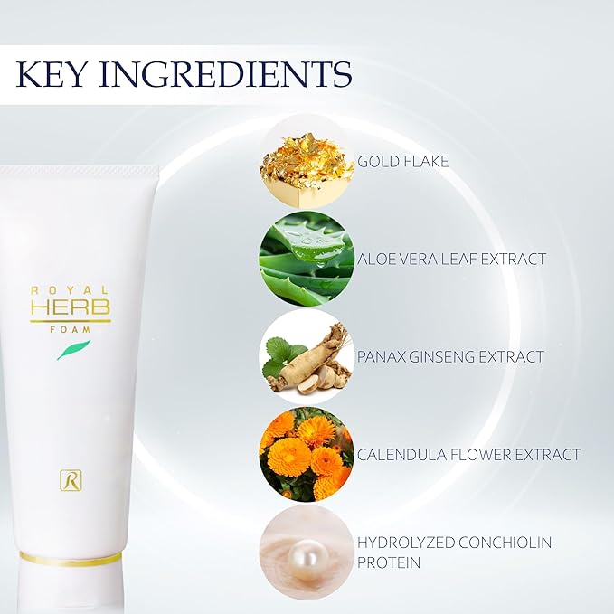 ROYAL HERB FOAM Facial Foaming Cleanser Moisturizing with Aloe Vera Leaf Extract, Ginseng Extract and Gold, 4.23 OZ / 120g