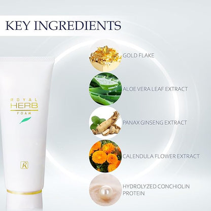 ROYAL HERB FOAM Facial Foaming Cleanser Moisturizing with Aloe Vera Leaf Extract, Ginseng Extract and Gold, 4.23 OZ / 120g