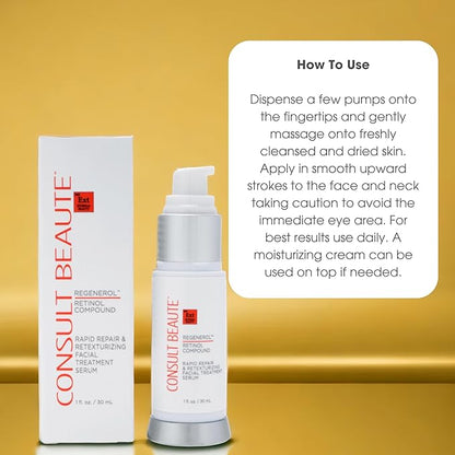 Consult Beaute - Regenerol Retinol Compound Serum for Face - Rapid Repair & Retexturizing Skin Treatment for Lines and Wrinkles - Hydrating Hyaluronic Acid - AHA -1 Fl. Oz.