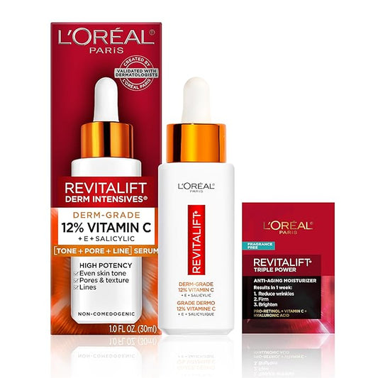 L'Oreal Paris Revitalift 12% Pure Vitamin C Serum, Brightening Serum For Face with Vitamin E, Salicylic Acid, 1 oz + Moisturizer Sample