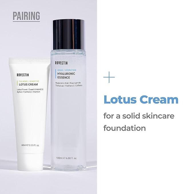 ROVECTIN Calming Lotus Water Cream (2.03 fl.oz, 60ml) Moisturizer + Aqua Hyaluronic Essence (6.08 fl.oz, 180ml) Facial Toner Bundle | Vegan Korean Skincare [2 Pack]