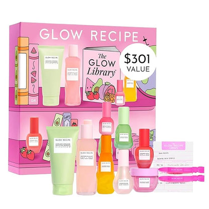 Glow Recipe Library Skincare Gift Set - Avocado Face Wash + Face Serum + Facial Toner + Guava Eye Cream + Hyaluronic Acid Moisturizer + Dew Drops + Strawberry Smooth Serum + 2 Hair Clips (10 Count)